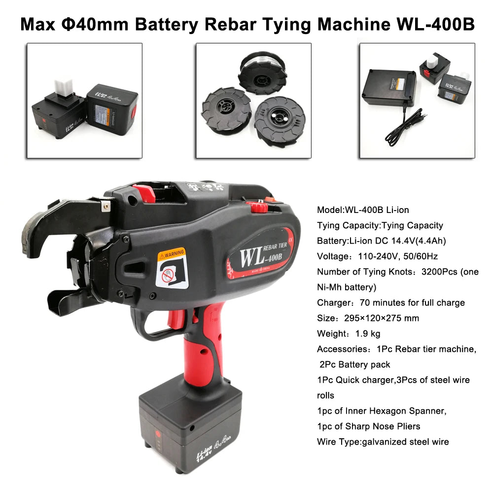 Battery Steel Rebar Tying Machine Tool WL-400B Portable Rebar Tier Tying Machine Automatic Rebar Tying Tool