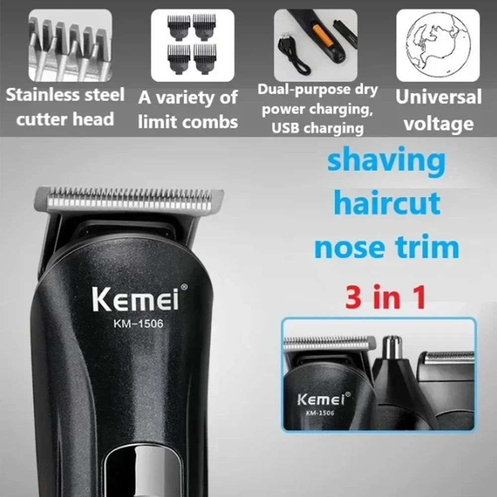 Kemei KM-1506 3 in 1 Electric Shaver Hair cutting Charging Hair trimmer Electric Rechargeable Nose Professional Shaving Machine